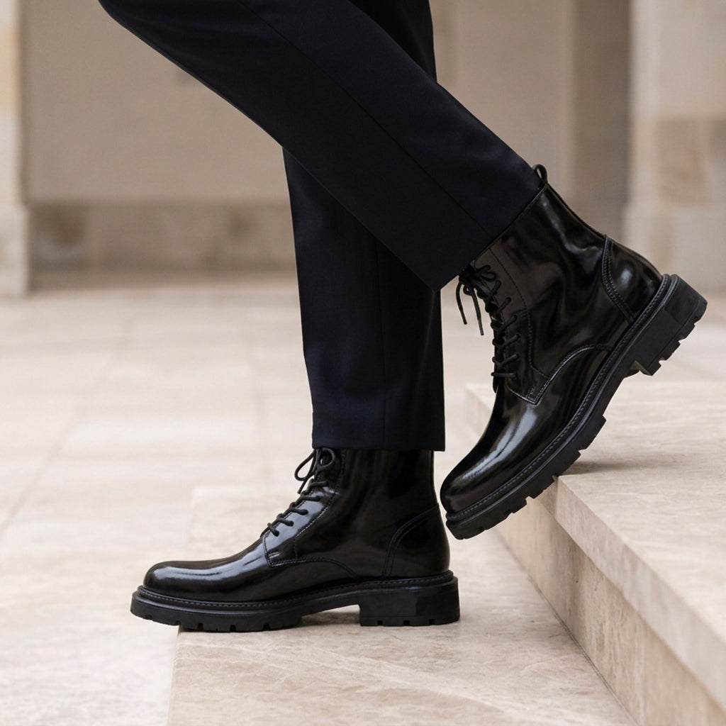 Lefkada Glossy Patent Combat Boots