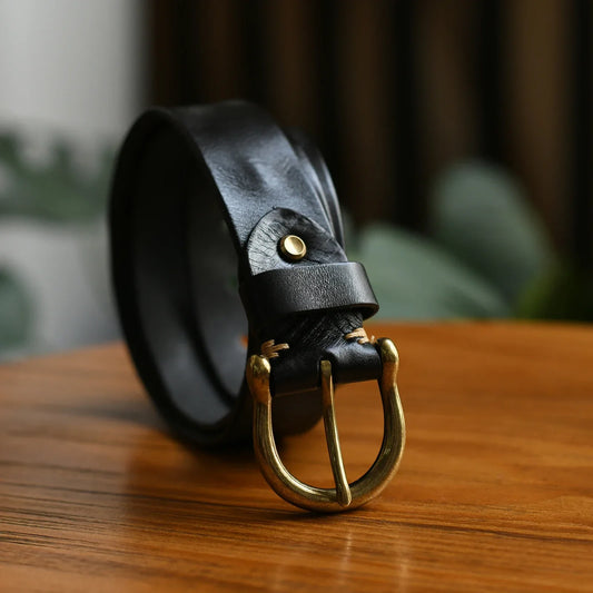 Men's Genuine Leather Belt with Antique Brass Buckle