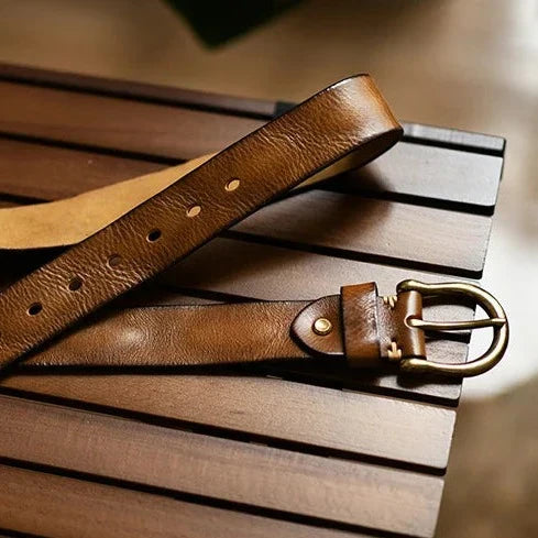 Men's Genuine Leather Belt with Antique Brass Buckle