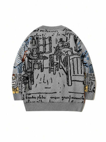 Jacquard Portrait Motif Crewneck Pullover