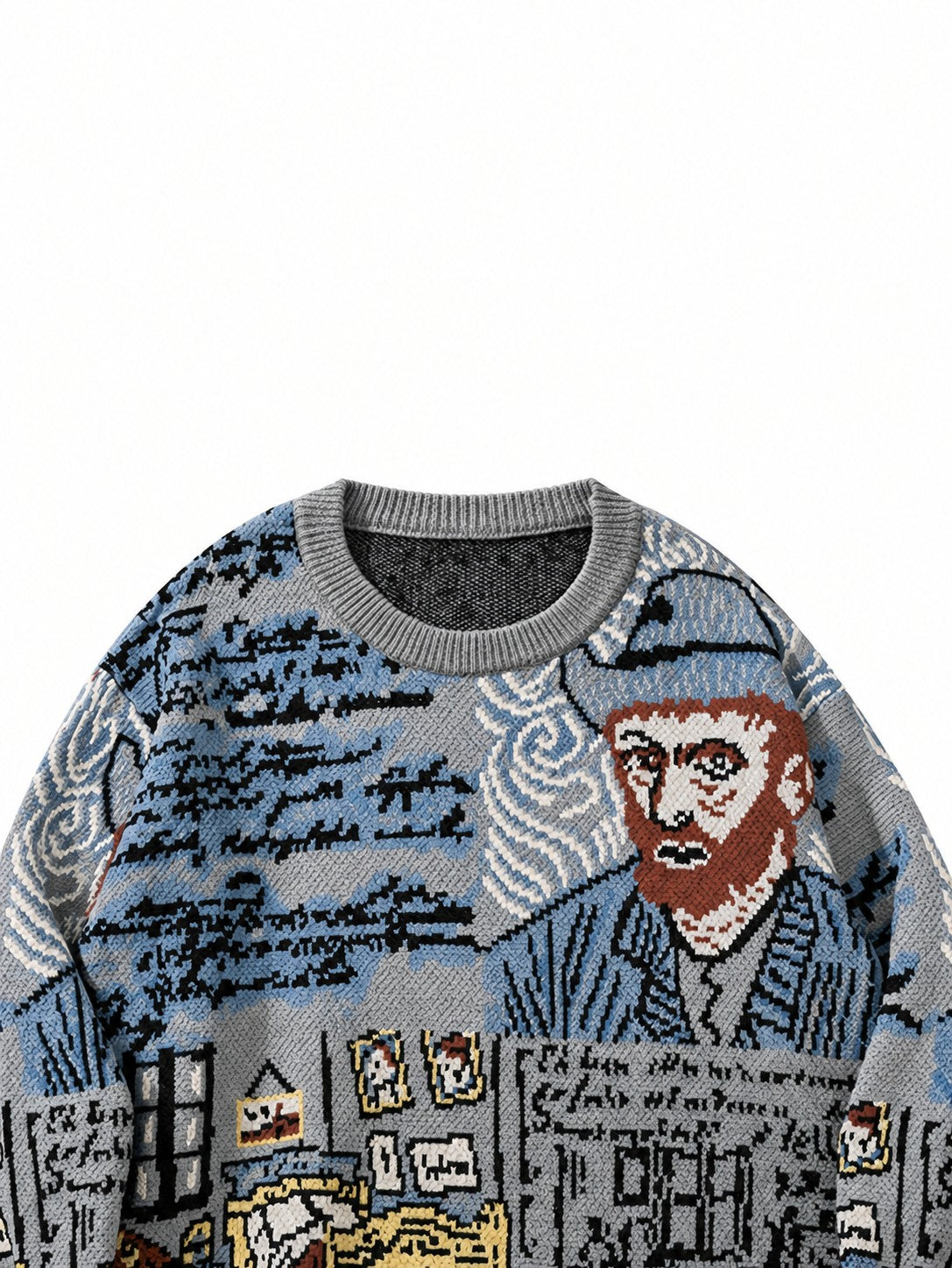 Jacquard Portrait Motif Crewneck Pullover
