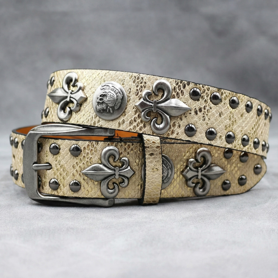 Western Studded Leather Belt with Fleur de Lis Charms
