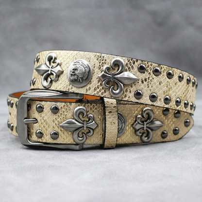 Western Studded Leather Belt with Fleur de Lis Charms