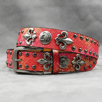 Western Studded Leather Belt with Fleur de Lis Charms