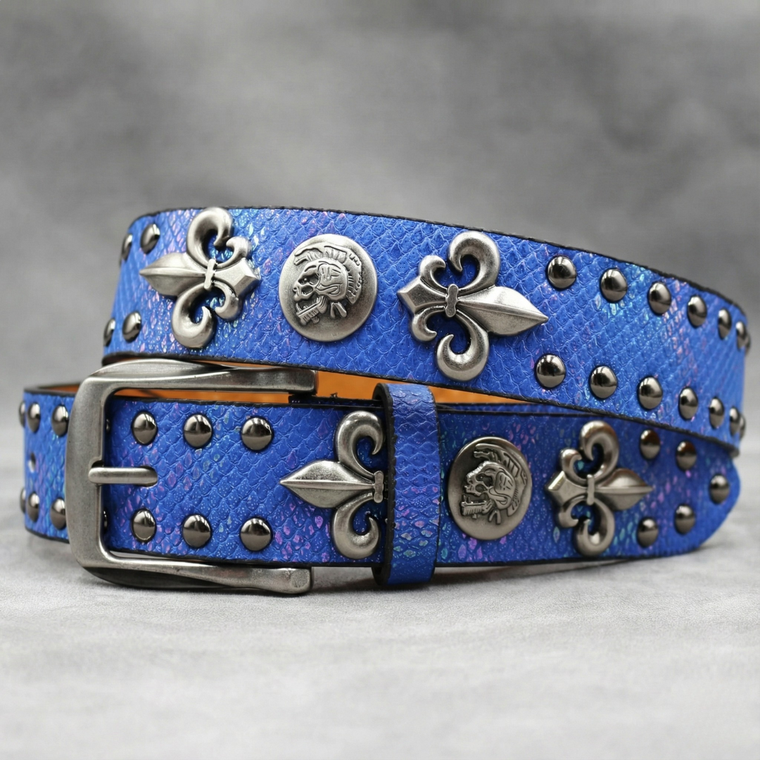 Western Studded Leather Belt with Fleur de Lis Charms