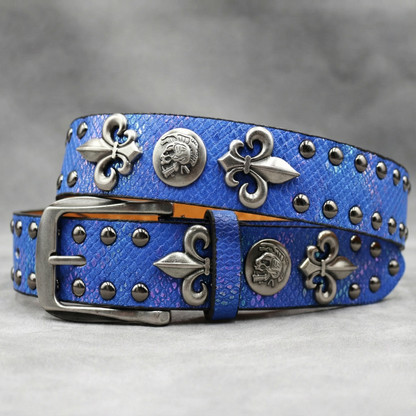 Western Studded Leather Belt with Fleur de Lis Charms