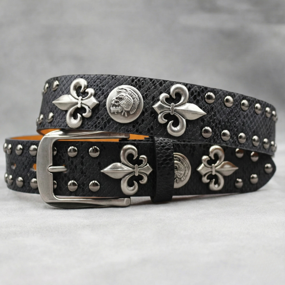 Western Studded Leather Belt with Fleur de Lis Charms