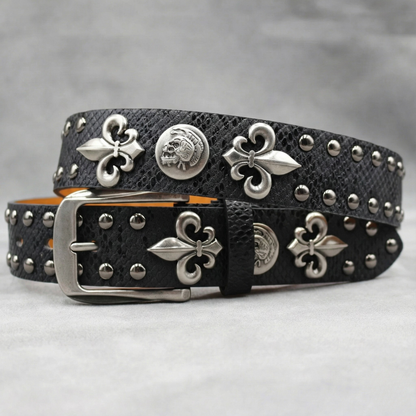 Western Studded Leather Belt with Fleur de Lis Charms