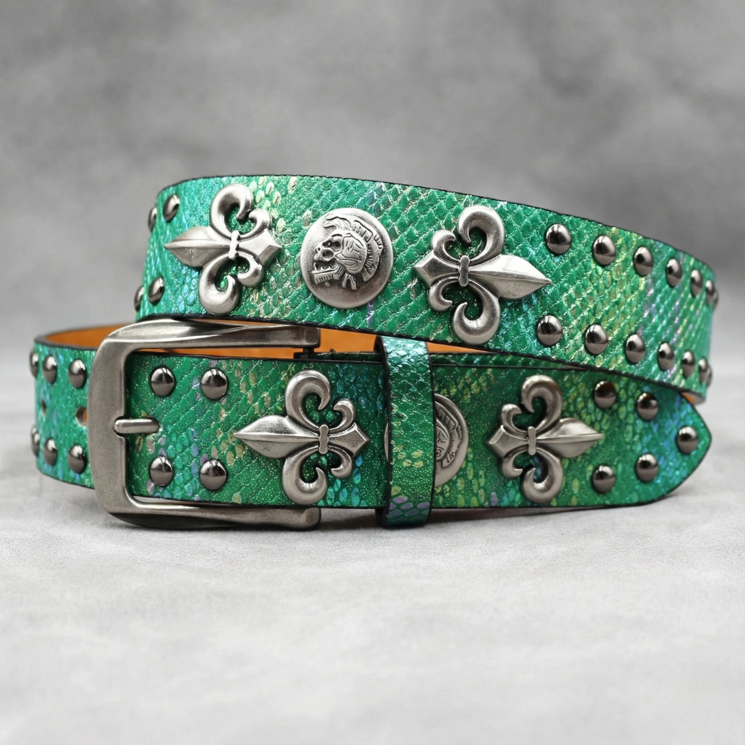Western Studded Leather Belt with Fleur de Lis Charms