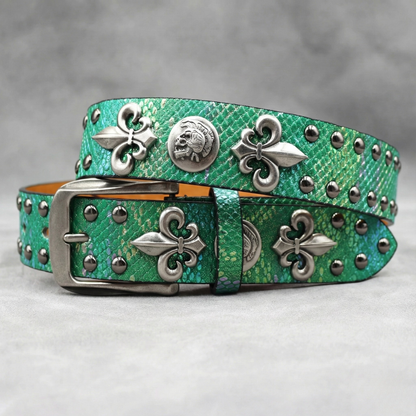 Western Studded Leather Belt with Fleur de Lis Charms