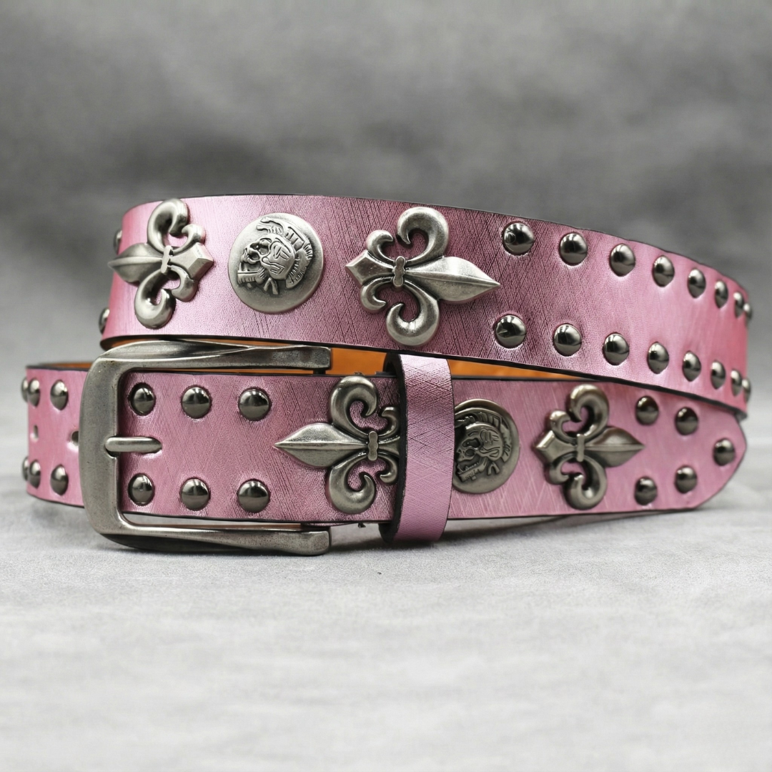 Western Studded Leather Belt with Fleur de Lis Charms