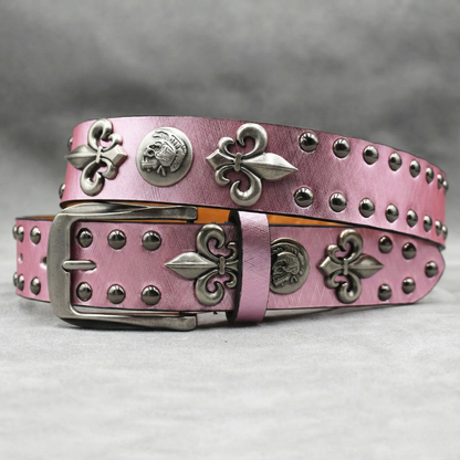 Western Studded Leather Belt with Fleur de Lis Charms