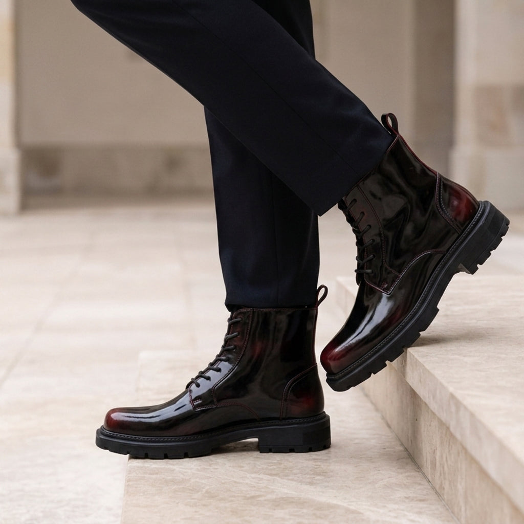 Lefkada Glossy Patent Combat Boots