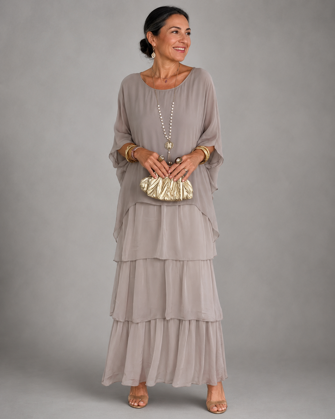 Tiered Chiffon Cape Sleeve Maxi Dress for Women