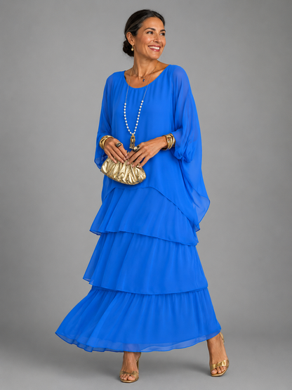 Tiered Chiffon Cape Sleeve Maxi Dress for Women