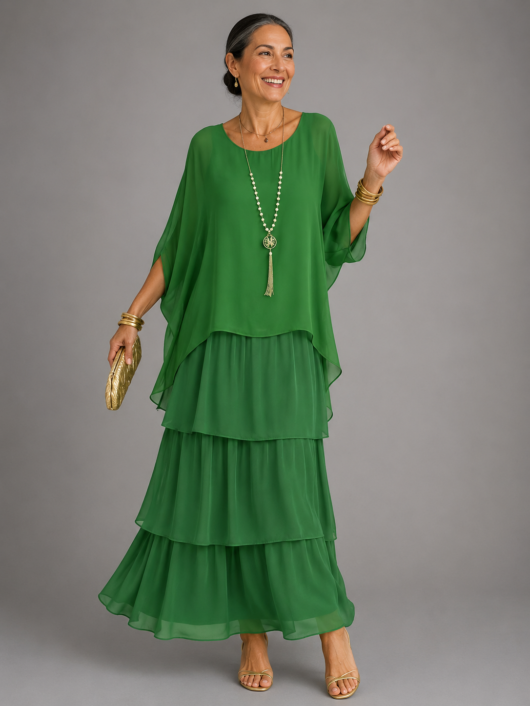 Tiered Chiffon Cape Sleeve Maxi Dress for Women