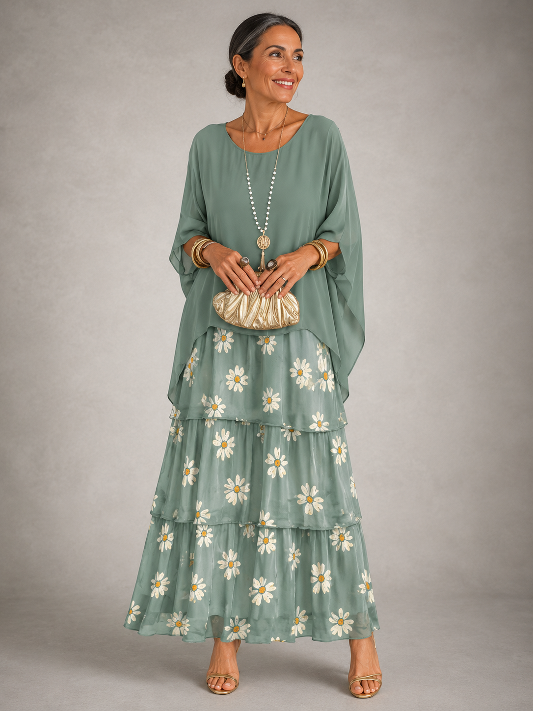 Tiered Chiffon Cape Sleeve Maxi Dress for Women