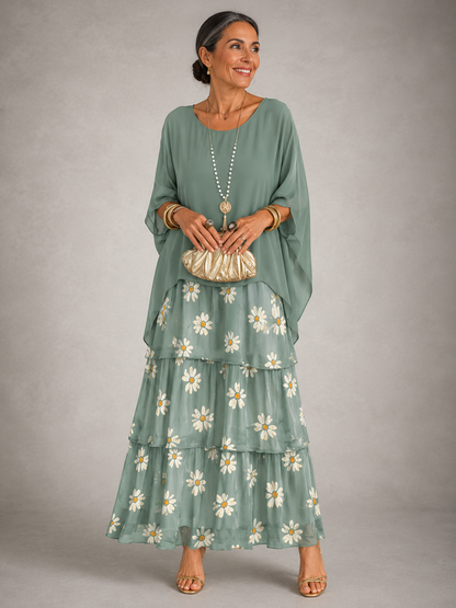 Tiered Chiffon Cape Sleeve Maxi Dress for Women