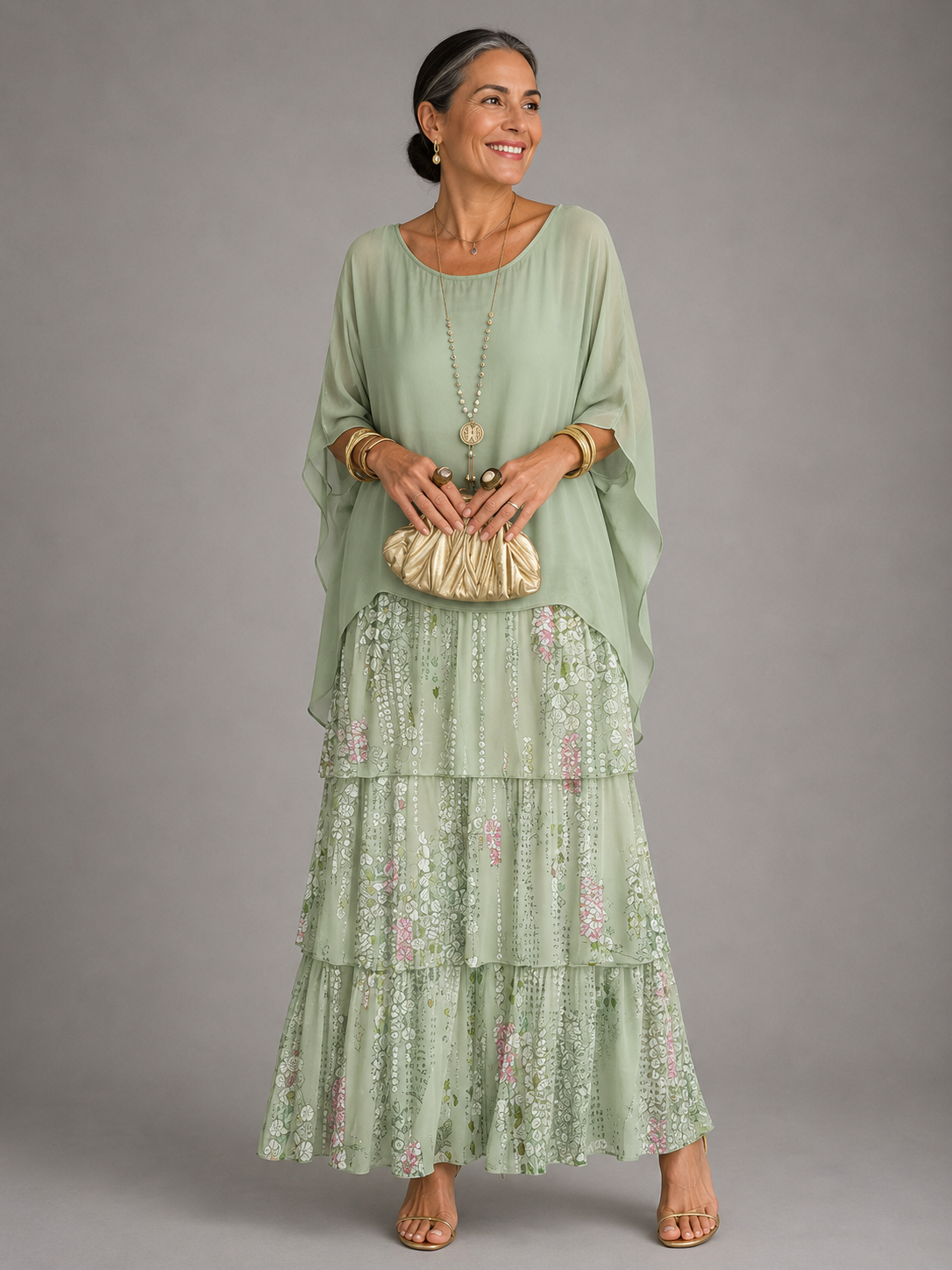 Tiered Chiffon Cape Sleeve Maxi Dress for Women