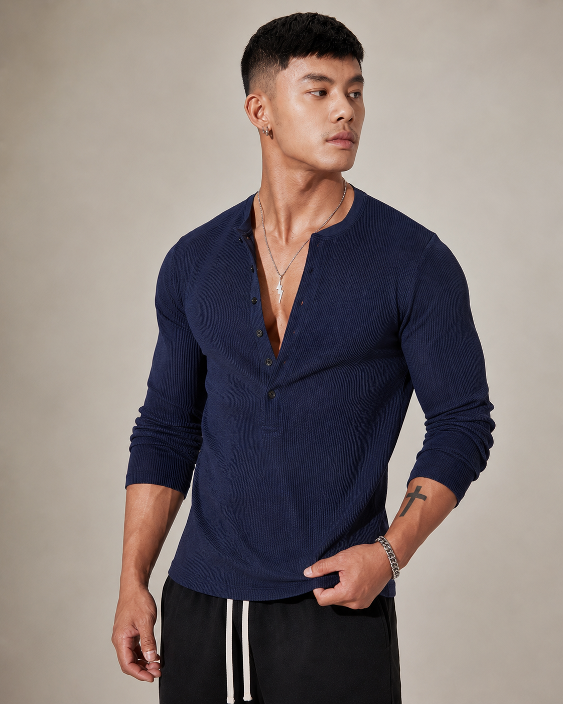 Ribbed Knit Long-Sleeve Half-Button Sweater