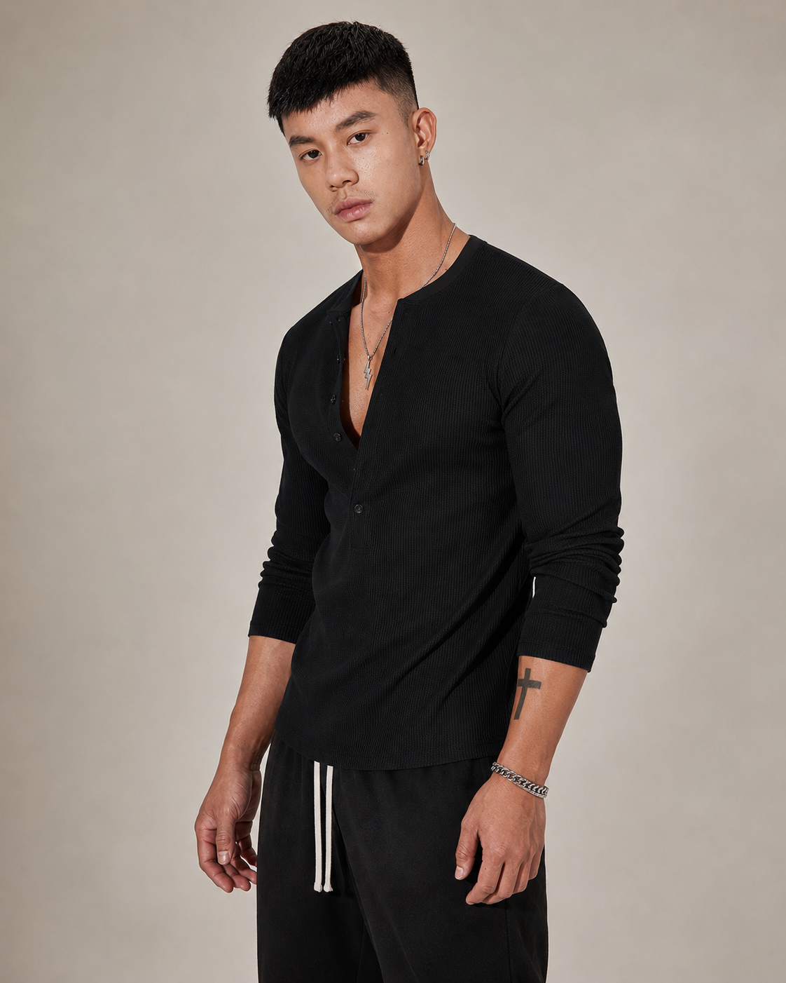Ribbed Knit Long-Sleeve Half-Button Sweater