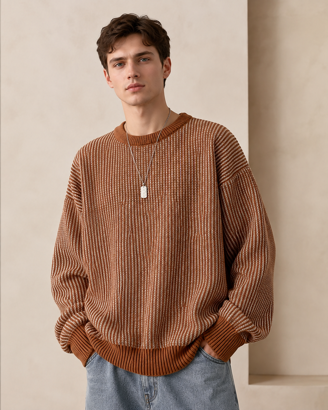 Textured Stripe Crewneck Sweater