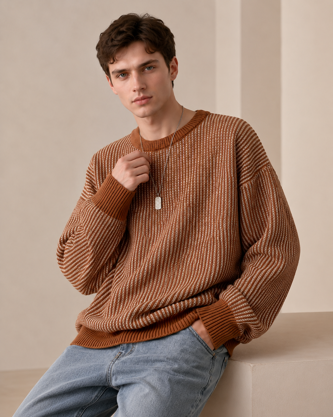 Textured Stripe Crewneck Sweater
