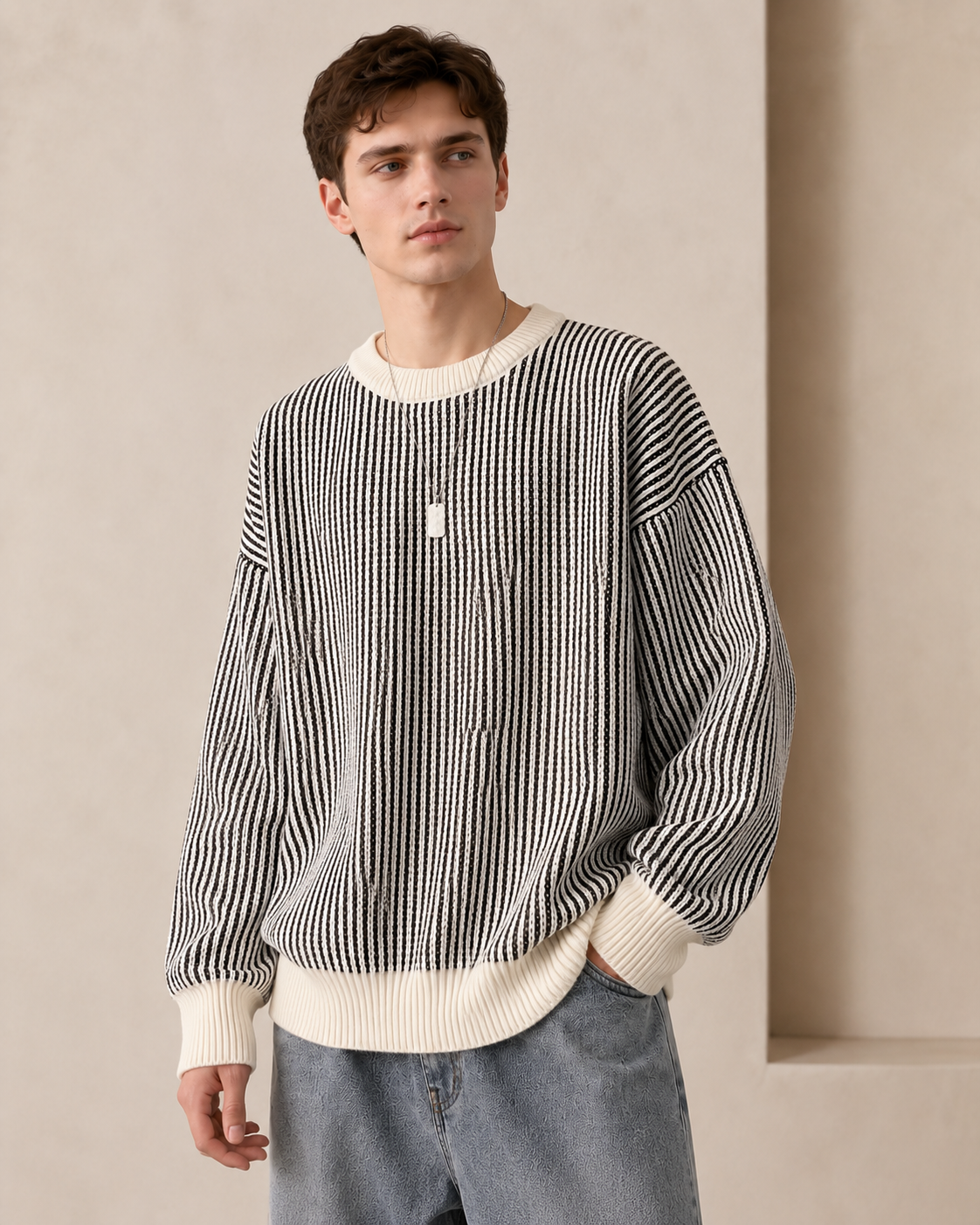 Textured Stripe Crewneck Sweater