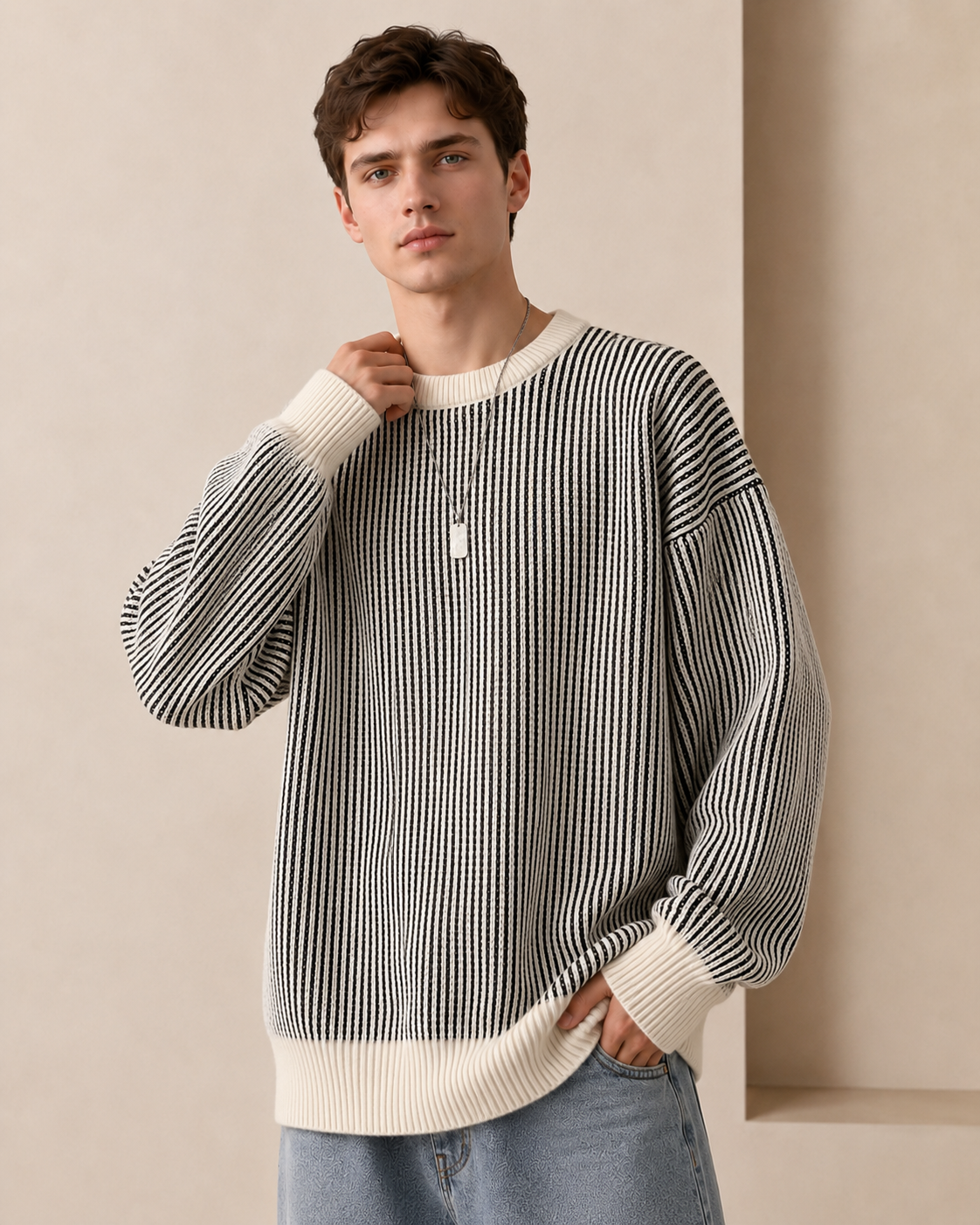 Textured Stripe Crewneck Sweater