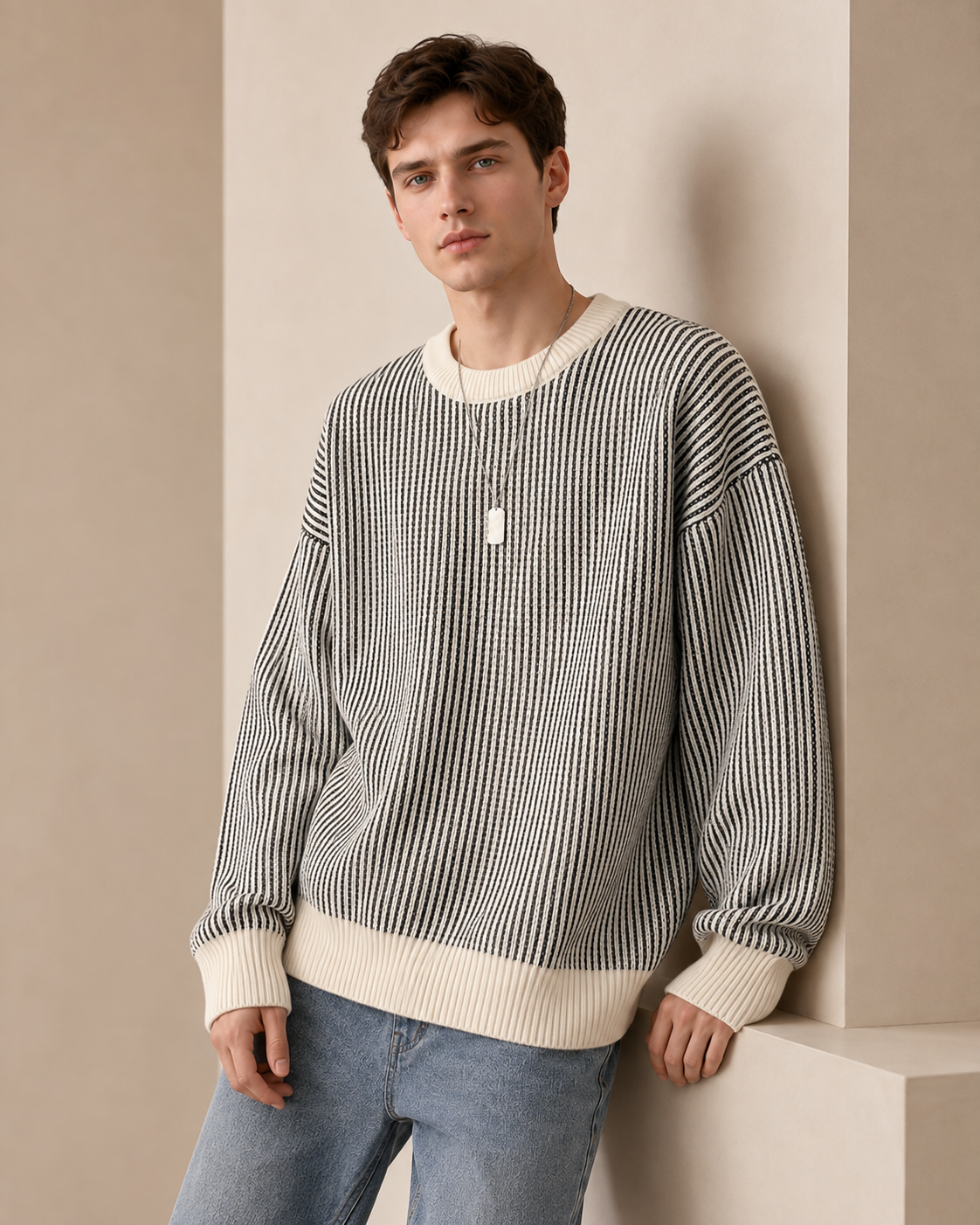 Textured Stripe Crewneck Sweater