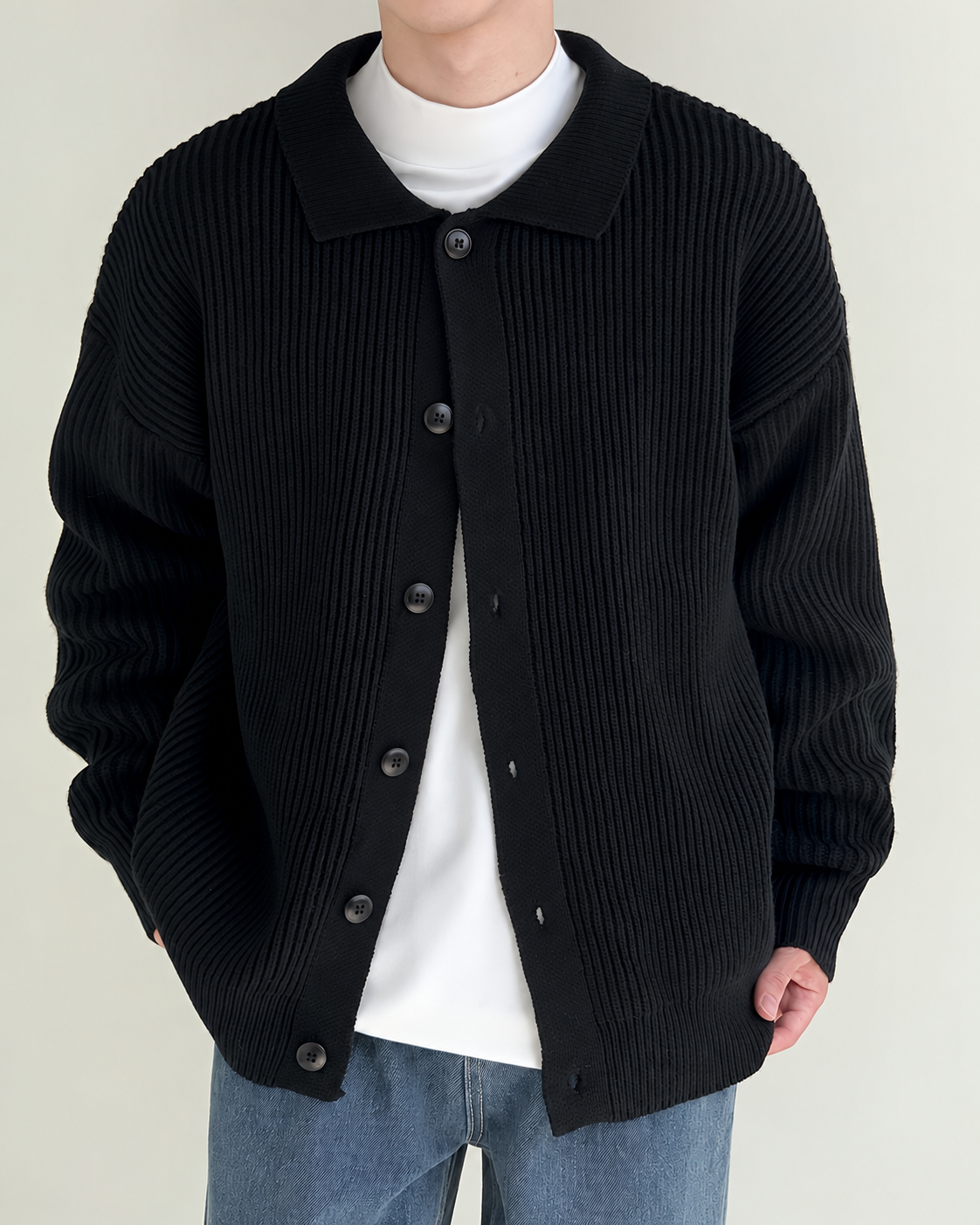 Ribbed Collar Button Front Cardigan