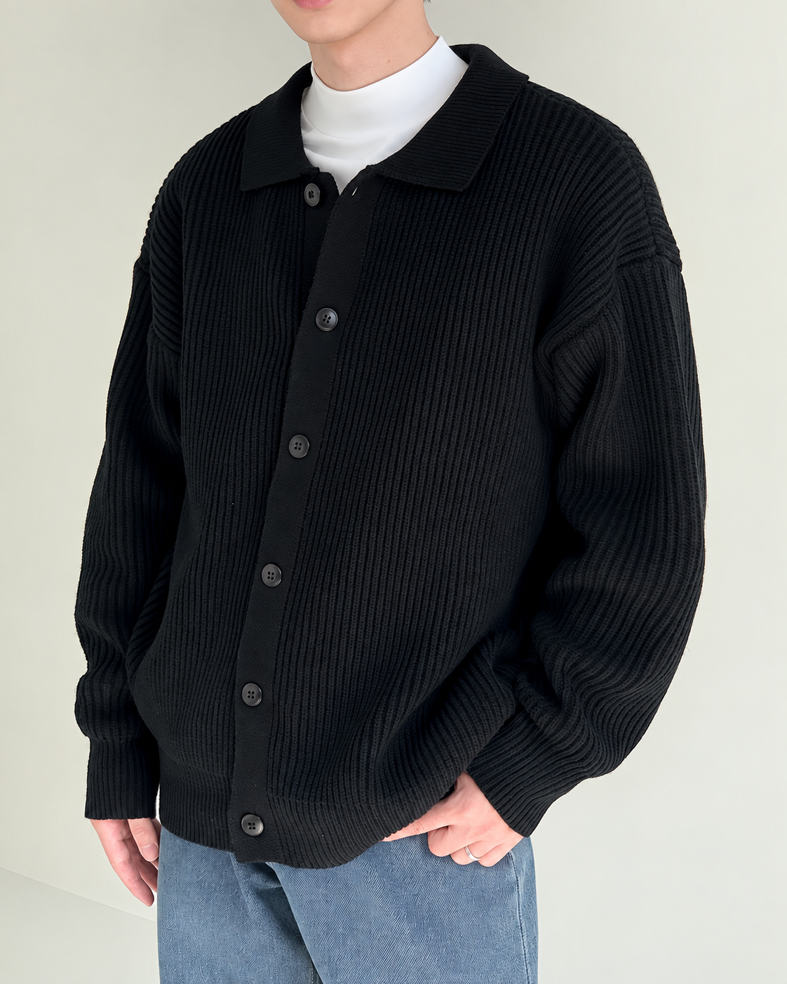 Ribbed Collar Button Front Cardigan