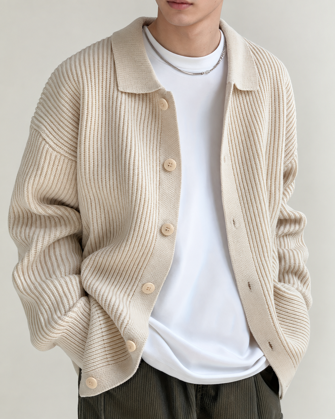Ribbed Collar Button Front Cardigan