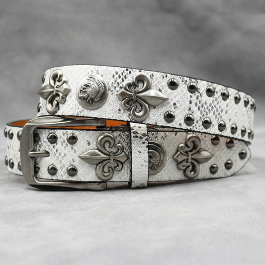 Western Studded Leather Belt with Fleur de Lis Charms
