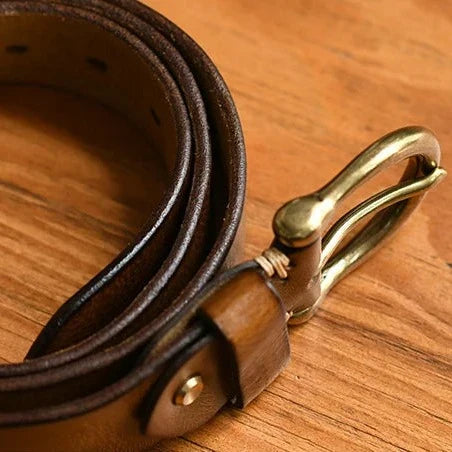 Men's Genuine Leather Belt with Antique Brass Buckle