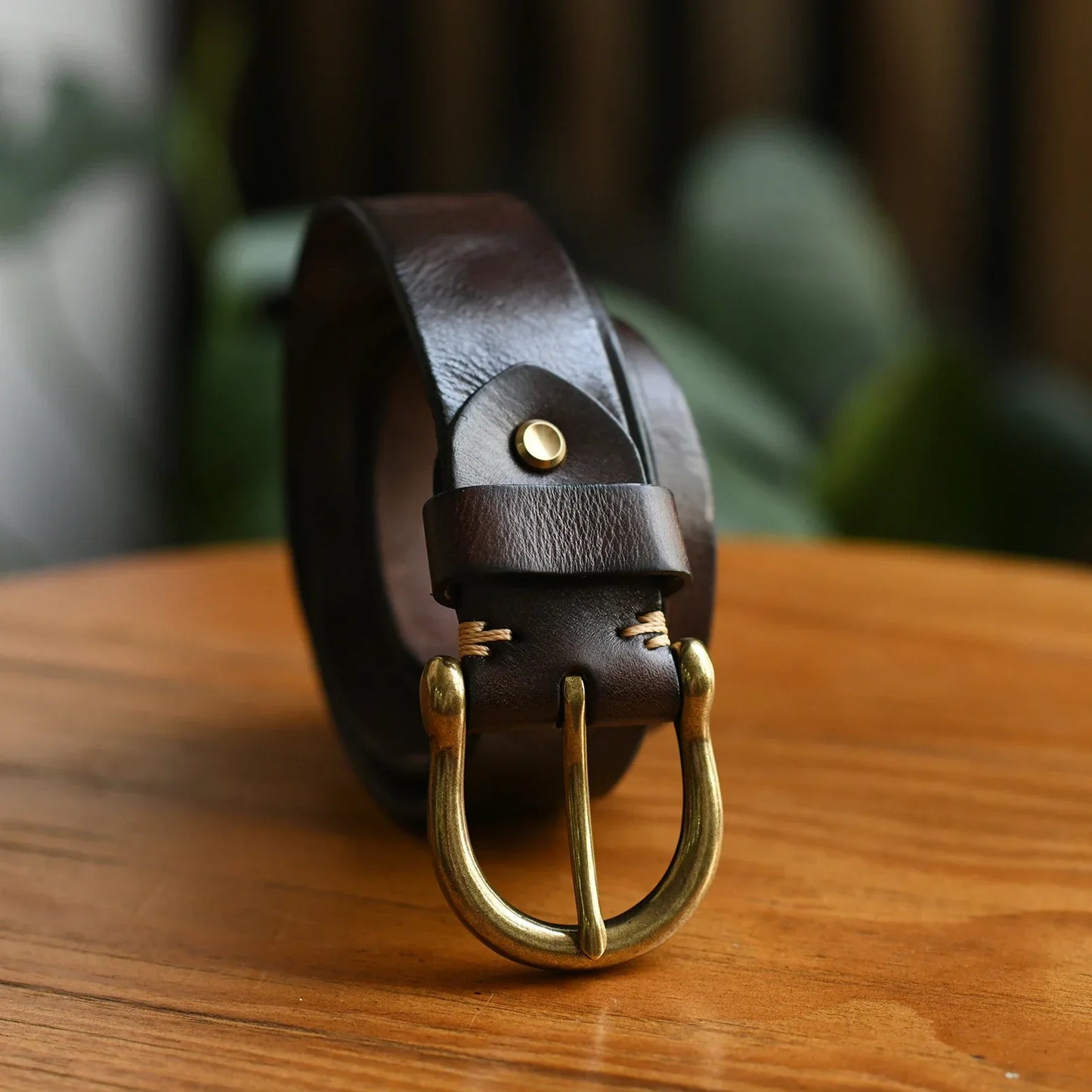 Men's Genuine Leather Belt with Antique Brass Buckle