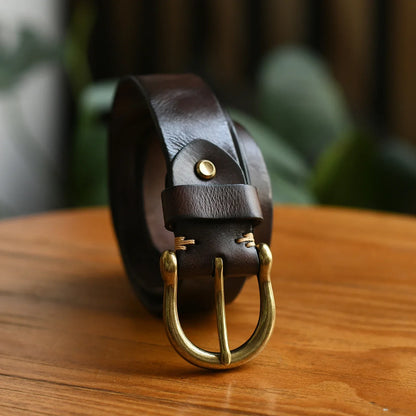Men's Genuine Leather Belt with Antique Brass Buckle