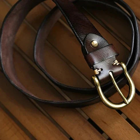 Men's Genuine Leather Belt with Antique Brass Buckle