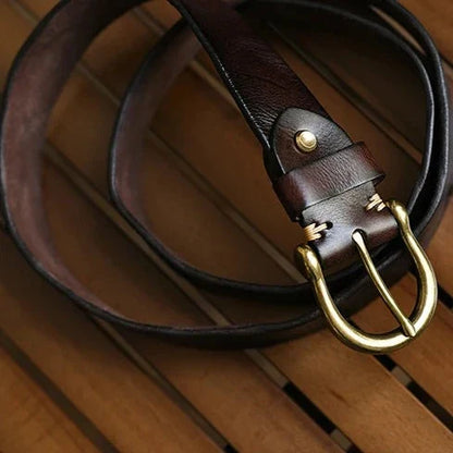 Men's Genuine Leather Belt with Antique Brass Buckle
