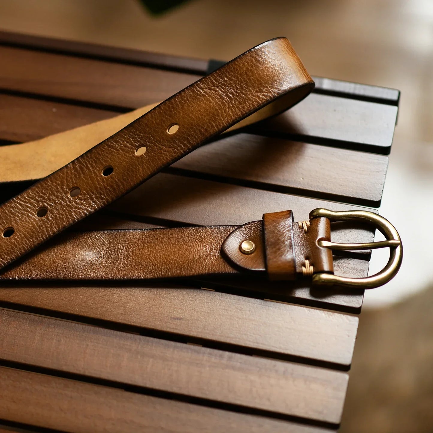 Men's Genuine Leather Belt with Antique Brass Buckle