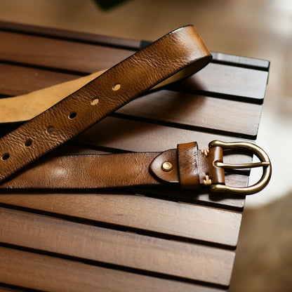 Men's Genuine Leather Belt with Antique Brass Buckle