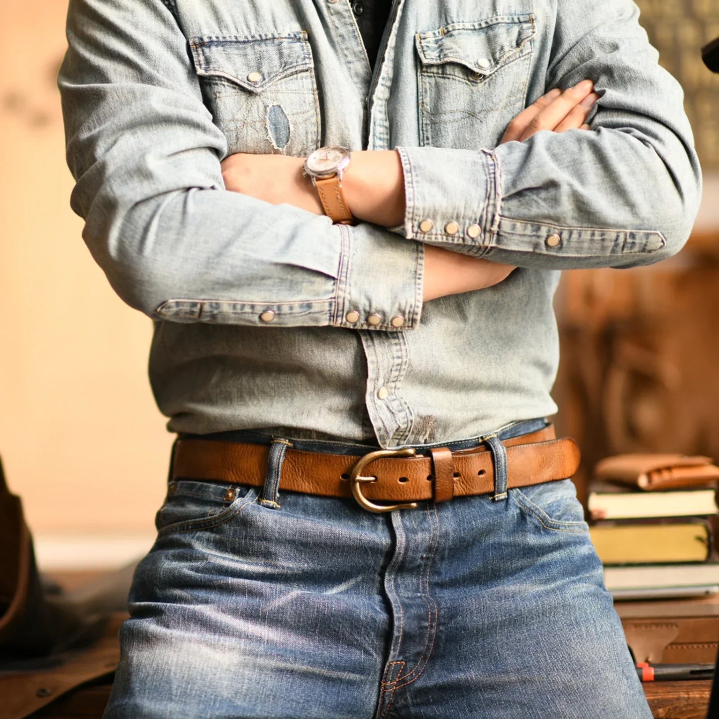 Men's Genuine Leather Belt with Antique Brass Buckle