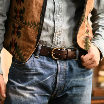Men's Genuine Leather Belt with Antique Brass Buckle