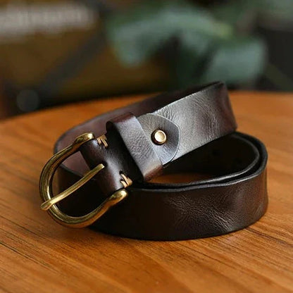Men's Genuine Leather Belt with Antique Brass Buckle