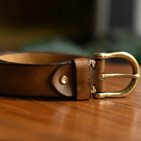 Men's Genuine Leather Belt with Antique Brass Buckle