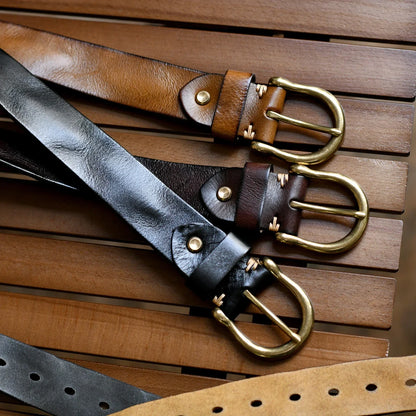 Men's Genuine Leather Belt with Antique Brass Buckle