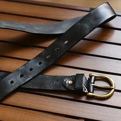 Men's Genuine Leather Belt with Antique Brass Buckle