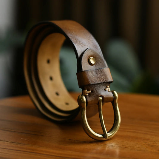 Men's Genuine Leather Belt with Antique Brass Buckle