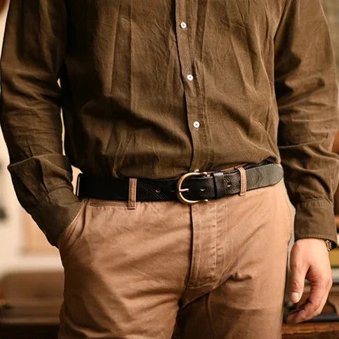 Men's Genuine Leather Belt with Antique Brass Buckle