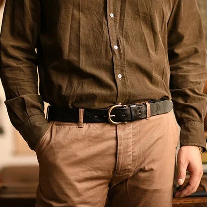 Men's Genuine Leather Belt with Antique Brass Buckle